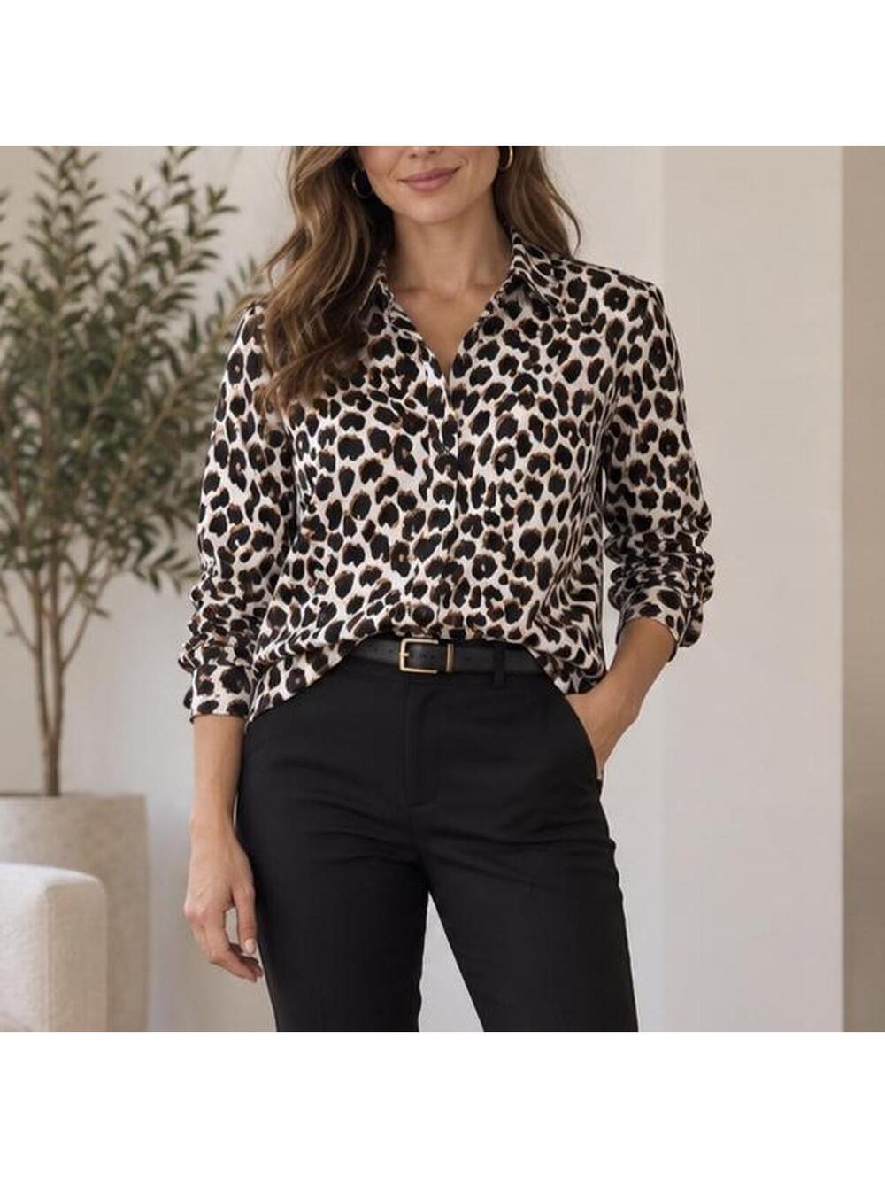 Christopher & Banks Leopard-Print Cotton Button-Up Shirt Size Medium